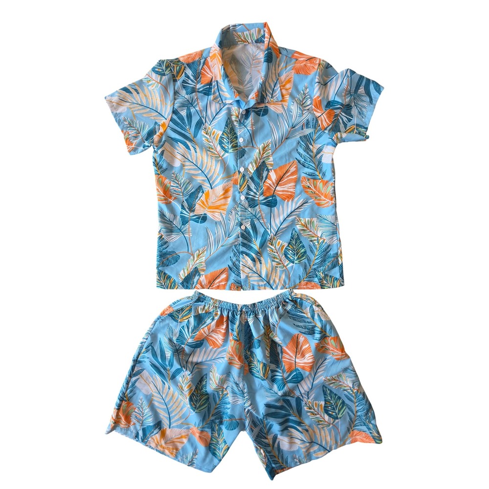 Mens Tropical Leaf Hawaiian Shirt and Shorts Set L 3XL Resort Vacation Travel